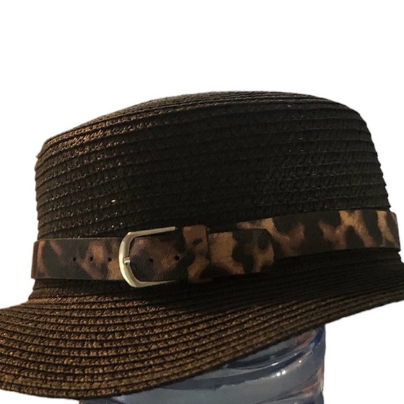 Leopard Black paper straw hat with buckle trim slight flare - Picture 7 of 8
